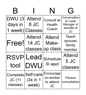 Job Conditioning Bingo Card