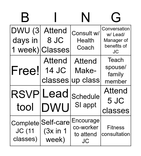 Job Conditioning Bingo Card