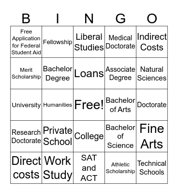 College and Scholarships Bingo Card