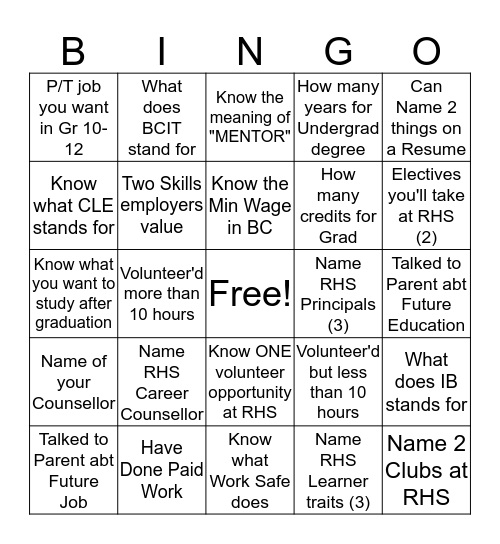 Career Education 8  Bingo Card