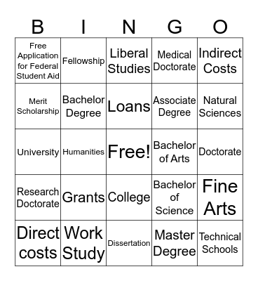 College and Scholarships Bingo Card
