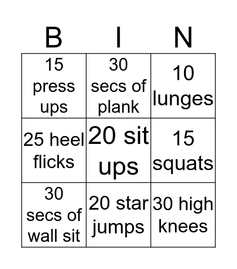 Fitness Bingo  Bingo Card