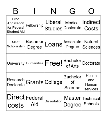 College and Scholarships Bingo Card