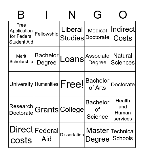 College and Scholarships Bingo Card