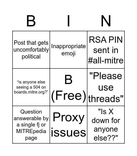 MITRE Slack Bingo Card