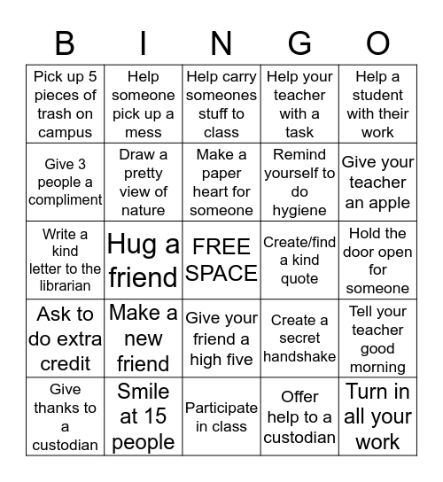 Kind-Hearted Bingo Card