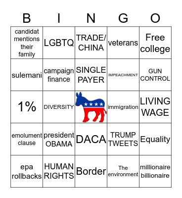 JANUARY 14 2020 DEMOCRATIC DEBATE BINGO Card