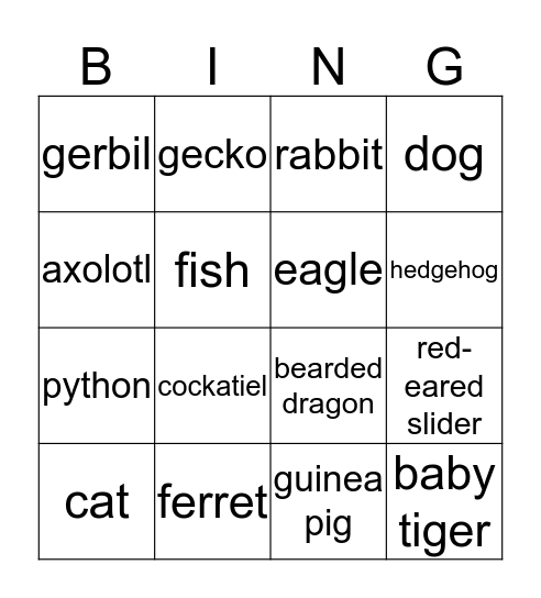 Animal Handling Bingo Card
