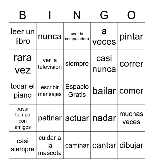 Pasatiempos Y adverbios de Frecuencia Bingo Card