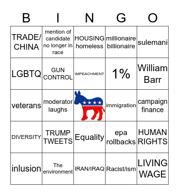 JANUARY 14 2020 DEMOCRATIC DEBATE BINGO Card