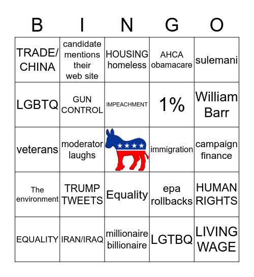 JANUARY 14 2020 DEMOCRATIC DEBATE BINGO Card