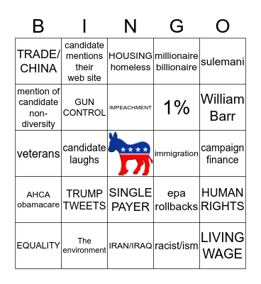JANUARY 14 2020 DEMOCRATIC DEBATE BINGO Card