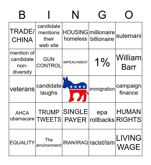 JANUARY 14 2020 DEMOCRATIC DEBATE BINGO Card