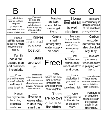 Home Safety Bingo Card