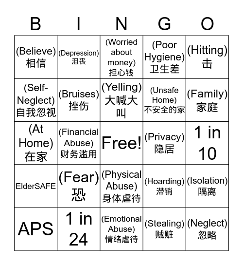 Elder Abuse Bingo - Mandarin Bingo Card