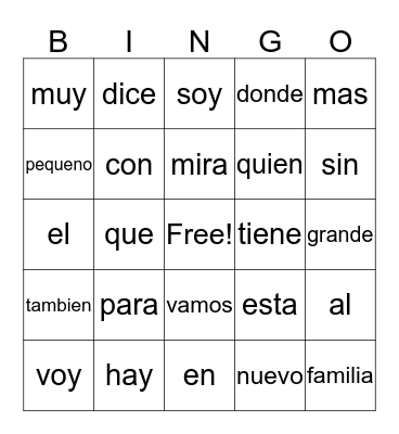 Spanish Words  Bingo Card