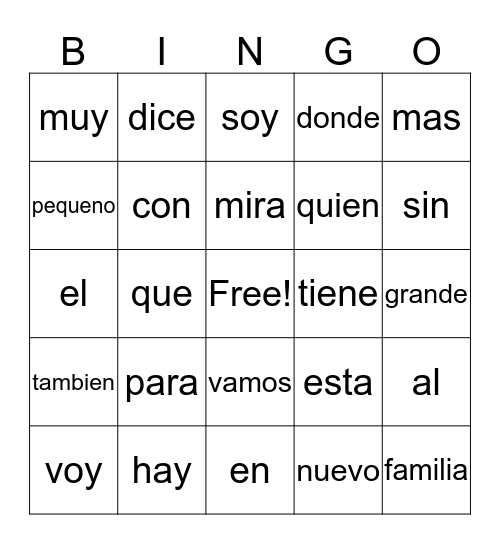 Spanish Words  Bingo Card