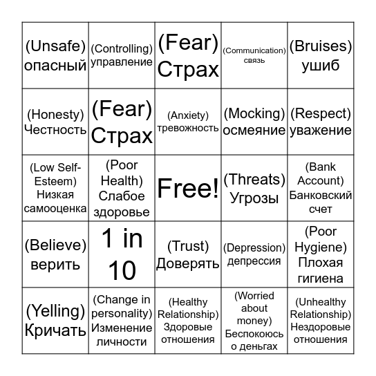 Elder Abuse Bingo - Russian Bingo Card