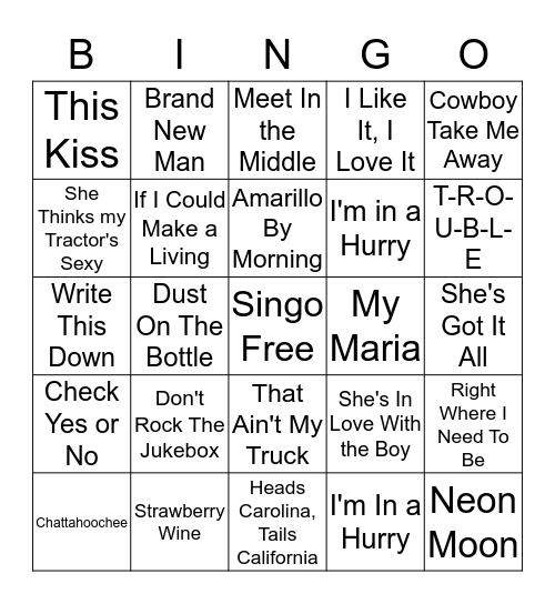 90s Country Bingo Card