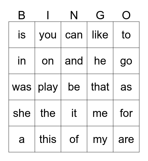 Sight Words (Wadpole and McKenna list 1-22) Bingo Card