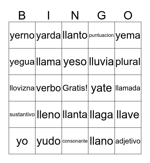 LL y Y Bingo Card