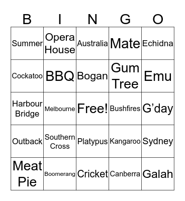 Australian Bingo Card