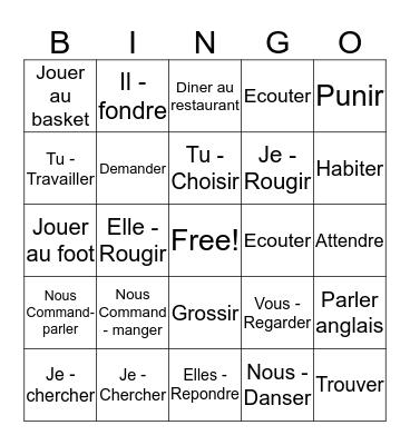 IR/ER/RE Verbs & Conjugations Bingo Card