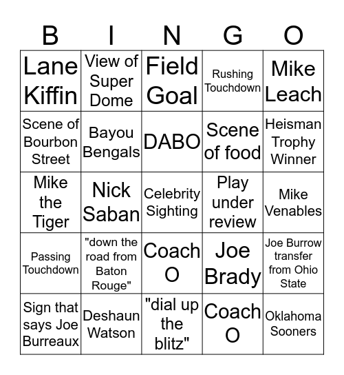 Tigers vs Tigahs Bingo Card