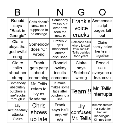 The Tempest Bingo Card