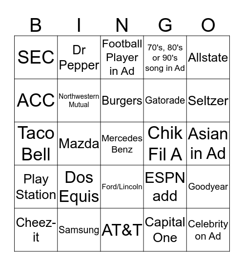 Tigers vs Tigahs Commercials Bingo Card