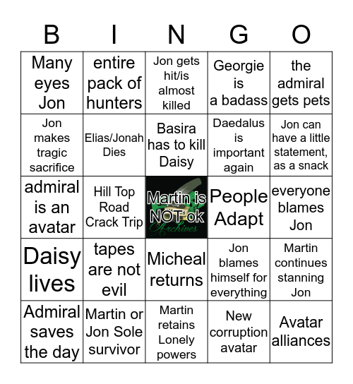 Season 5 Predictions Bingo Card