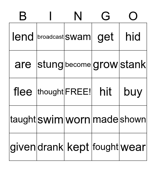 English Irregular Verbs - all forms Bingo Card