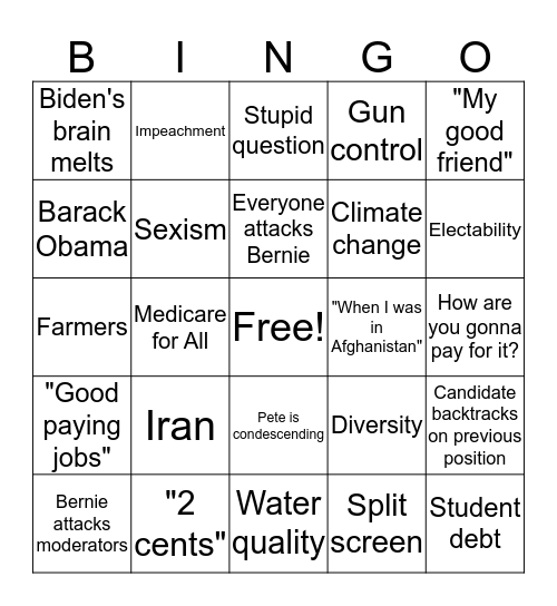 Democratic Debate Bingo Card