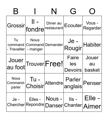 IR/ER/RE Verbs & Conjugations Bingo Card