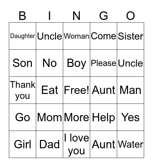 Family Signs Bingo Card