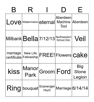 Bridal Bingo Card