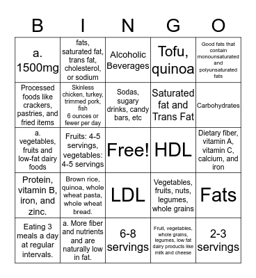 Healthy Diets Bingo Card