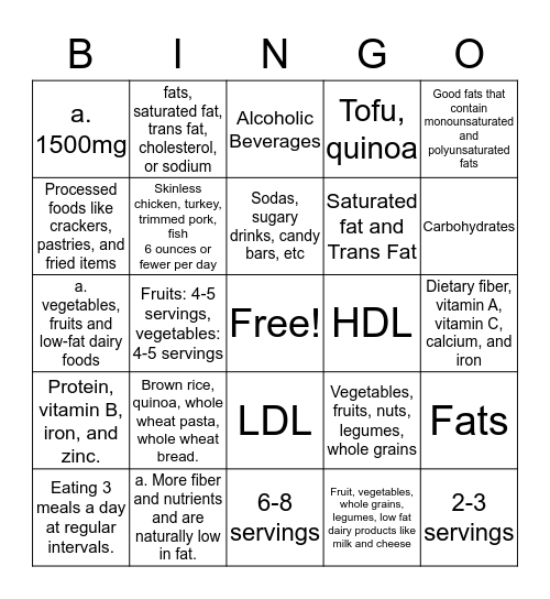 Healthy Diets Bingo Card