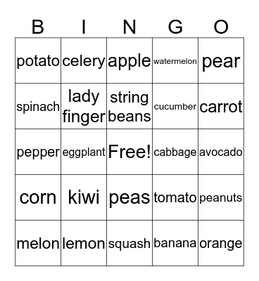 FRUITS AND VEGETABLES Bingo Card