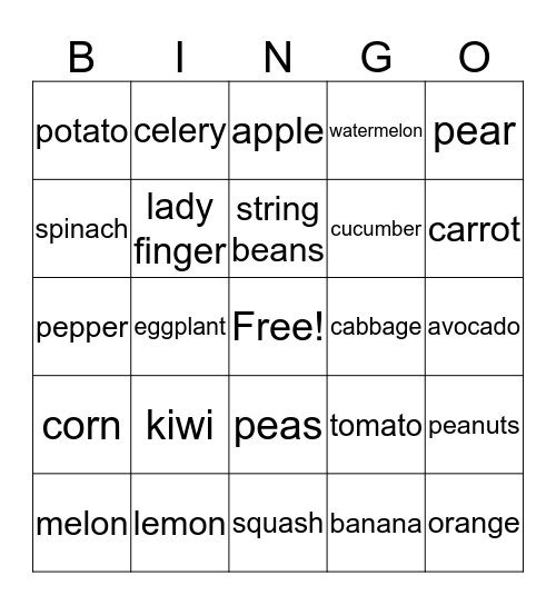 FRUITS AND VEGETABLES Bingo Card