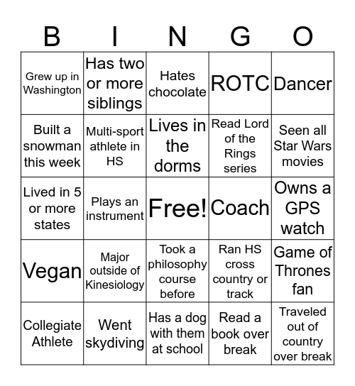 First day!! Bingo Card