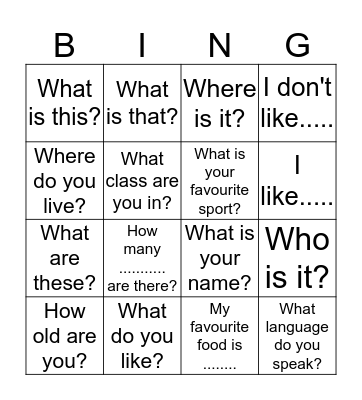 Questions Bingo Card
