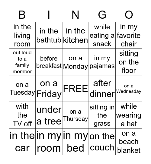I Read for ________ Minutes Bingo Card