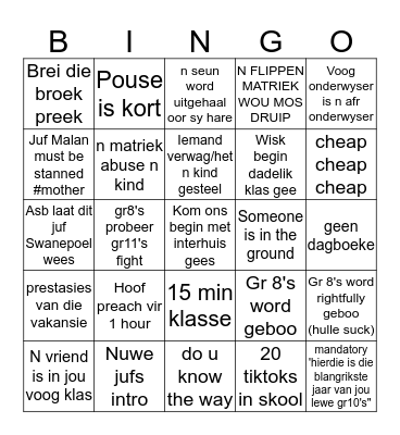 School 2020 First Day  Bingo Card