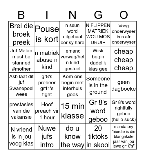 School 2020 First Day  Bingo Card