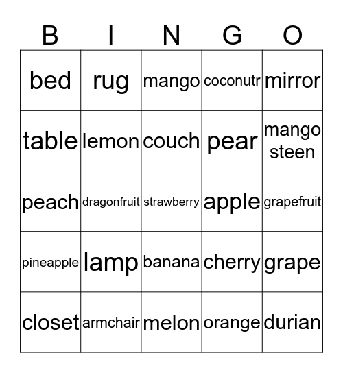 Unit 5 and Fruit Bingo Card