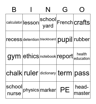School and Education Bingo Card
