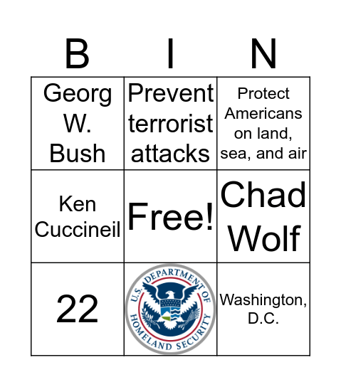 Homeland Security  Bingo Card