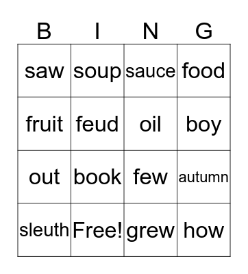 Vowel Diphthong Bingo Card