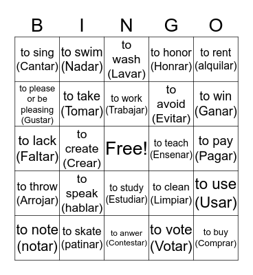 AR VERBS Bingo Card